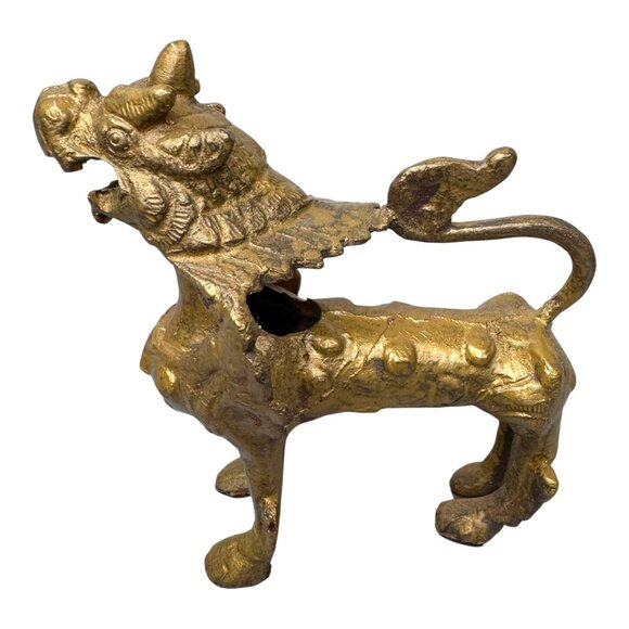 Vtg Brass Feng Shui Dragon Figurine Buddhist Foo Dog Snow Lion Incense Burner - Picture 7 of 9